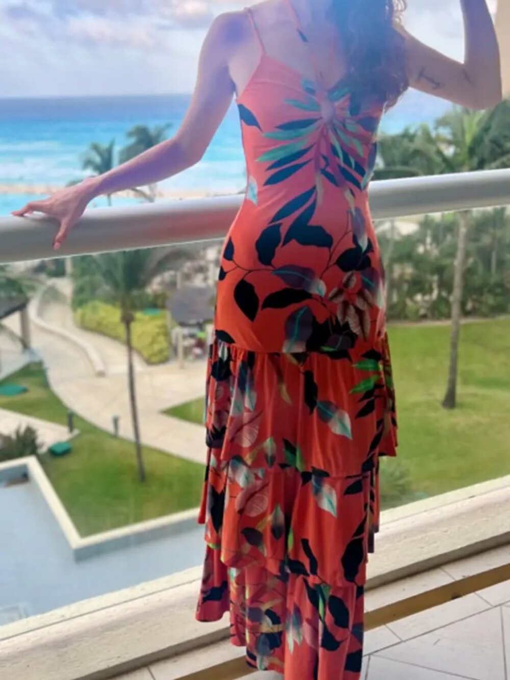 Rachel Roy Amaya Maxi Dress Sunset Vine Tropical Orange Jersey Halter Summer XL - Picture 4 of 8